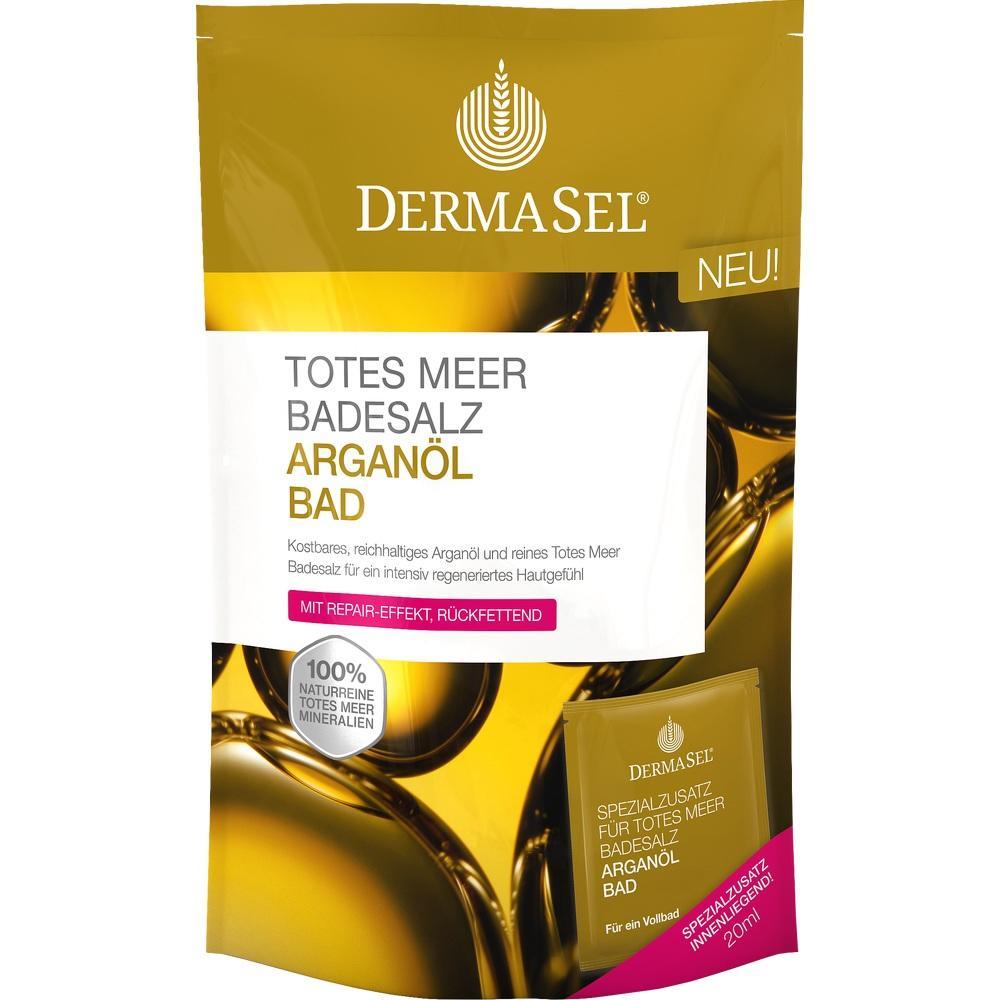 Goldene Verpackung mit der Aufschrift "Totes Meer Badesalz Arganöl Bad".