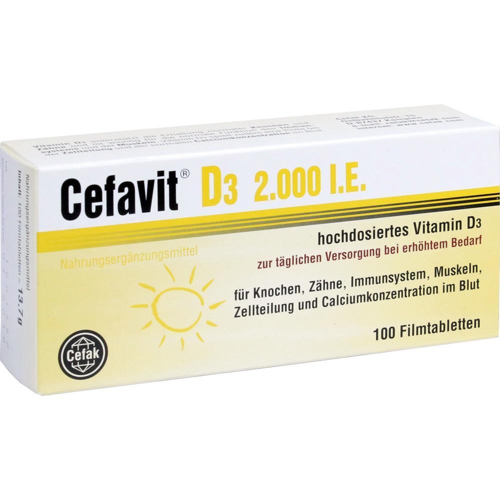 Verpackung von Vitamin D3 Tabletten mit der Aufschrift "Cefavit D3 2.000 I.E.".