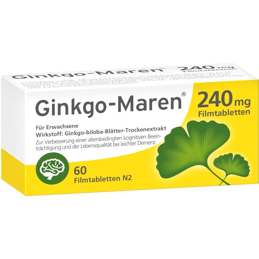 Gelbe Schachtel mit Ginkgo-Maren-Tabletten f&uuml;r Erwachsene gegen kognitive Beeintr&auml;chtigung.