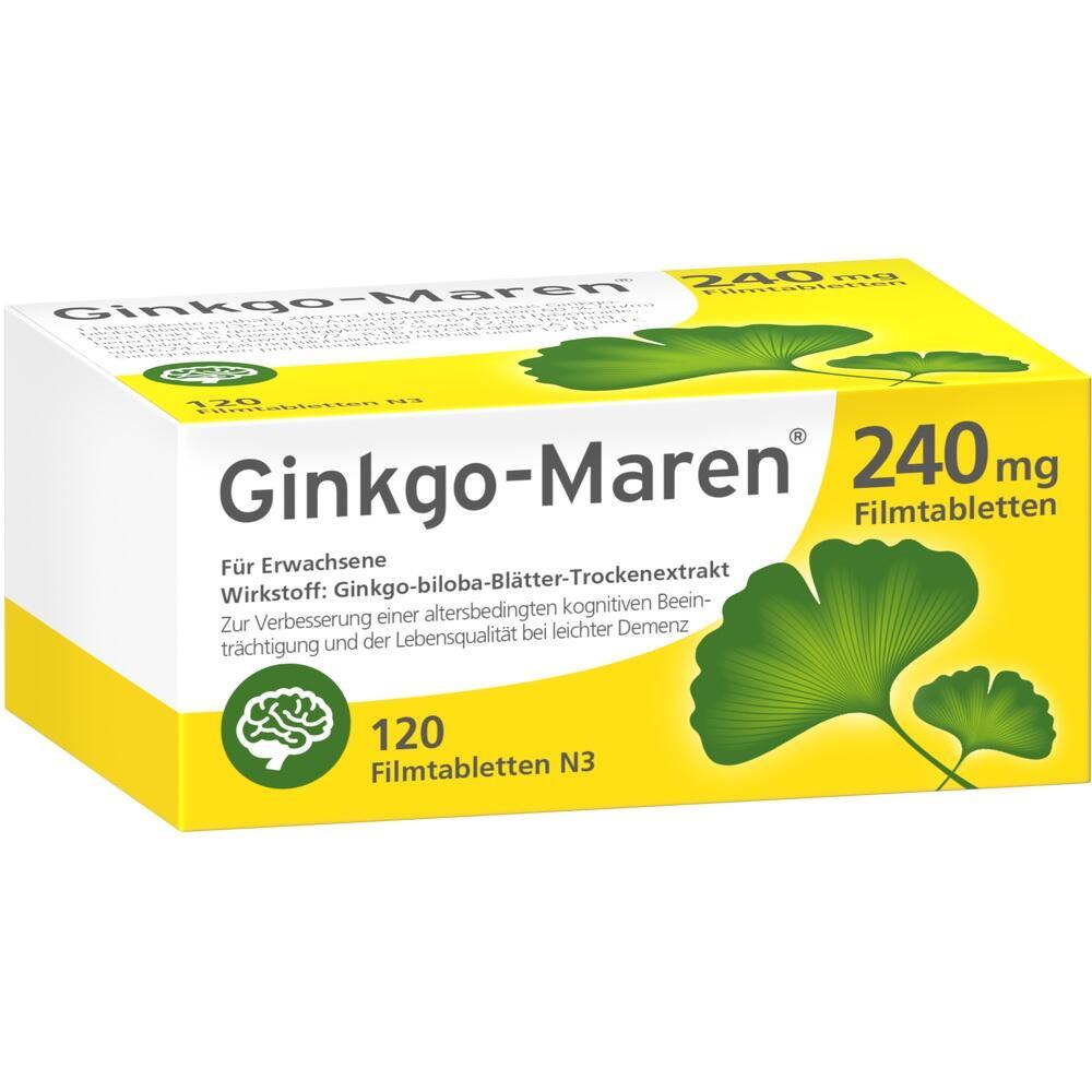 Schachtel mit Ginkgo-Maren 240 mg Filmtabletten f&uuml;r Erwachsene.