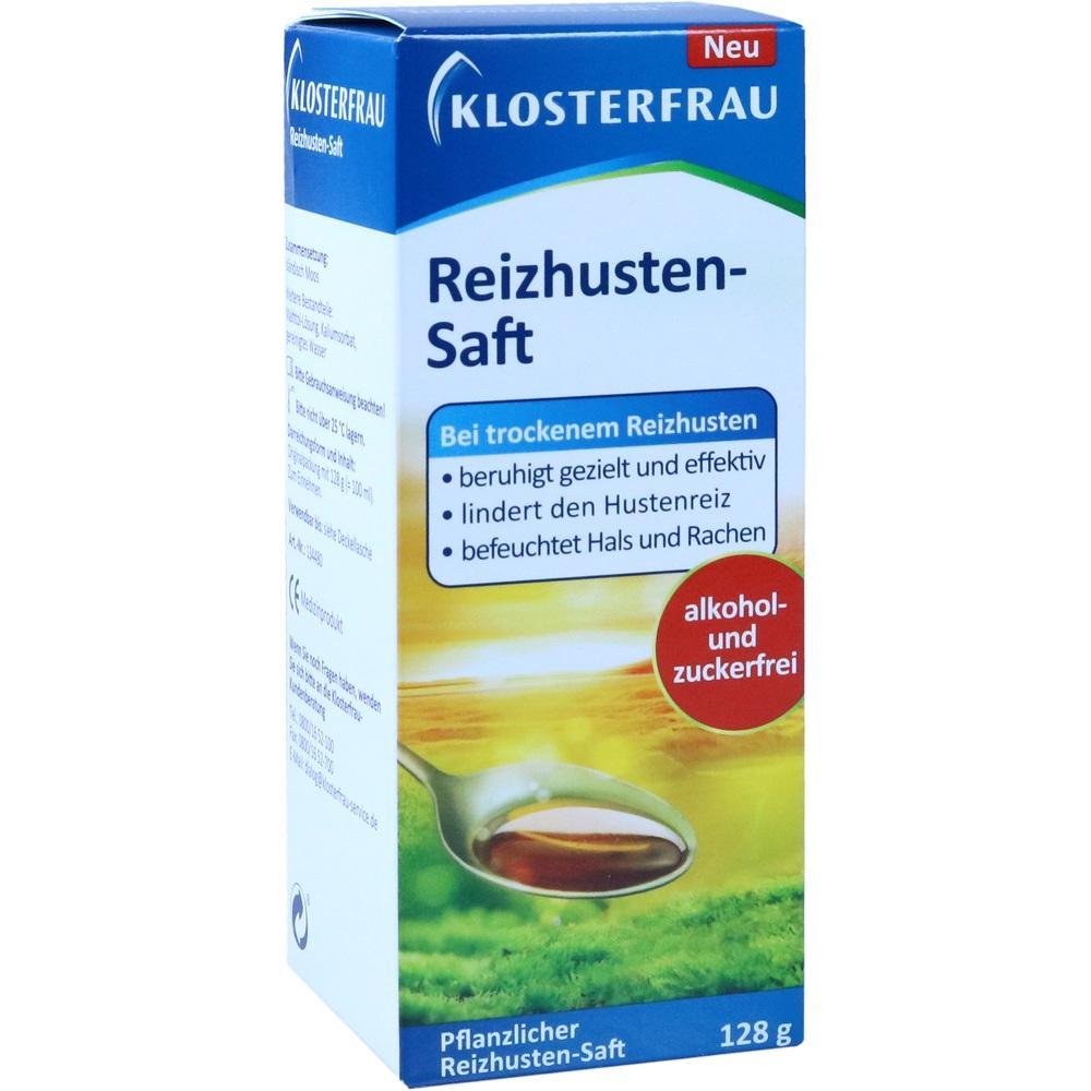 Eine Packung Reizhustensaft von Klosterfrau, der alkoholfrei und zuckerfrei ist.