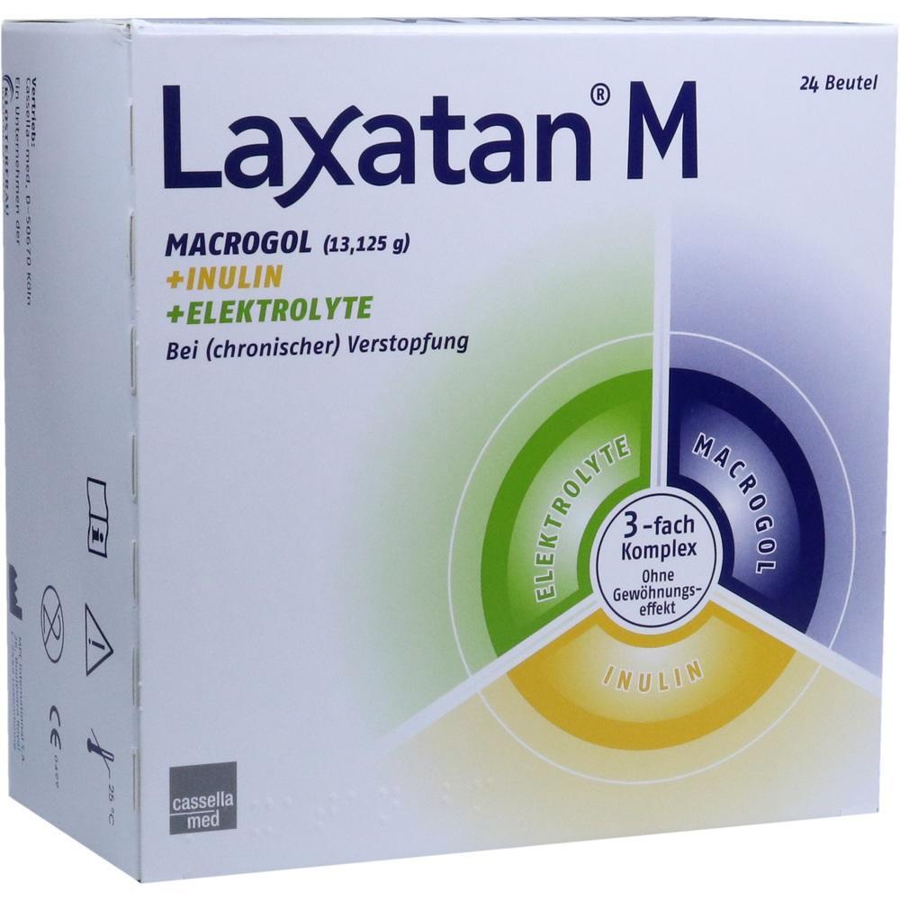 Eine wei&szlig;e Packung mit der Aufschrift "Laxatan M" f&uuml;r Verstopfung.