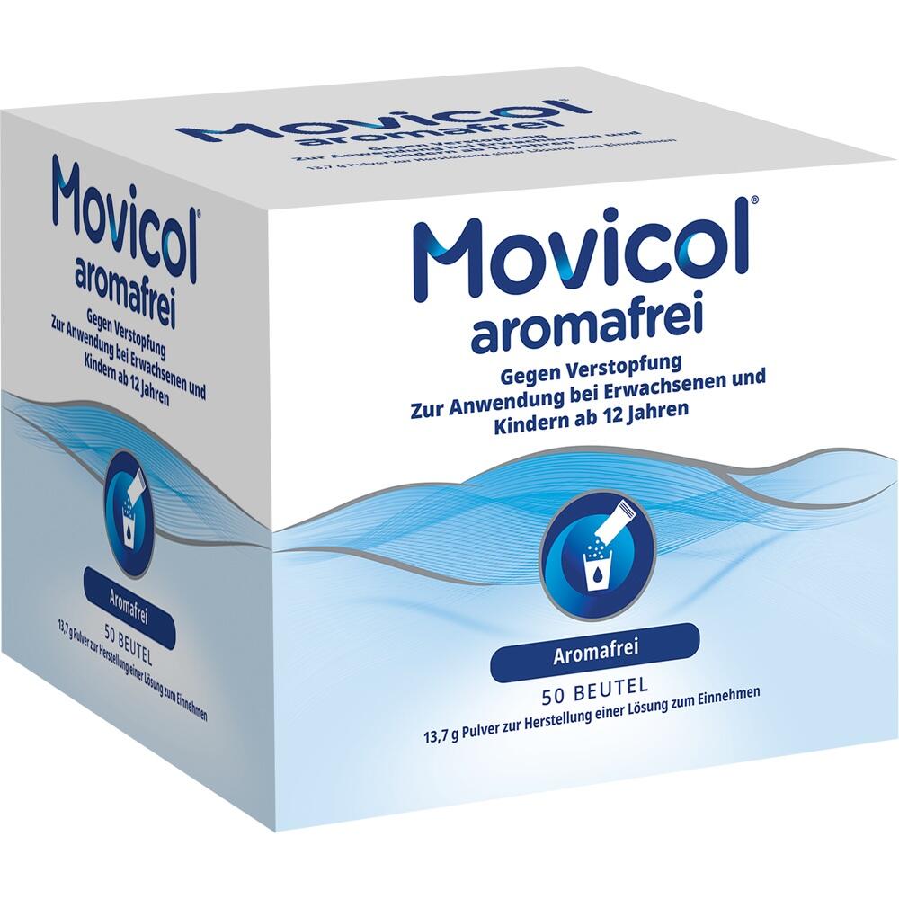 Weiße Packung Movicol aromafrei, ein Mittel gegen Verstopfung, für Erwachsene und Kinder ab 12 Jahren.