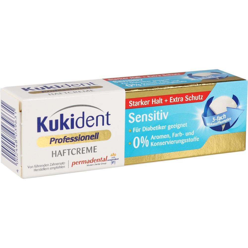 Eine Tube Kukident Haftcreme Sensitiv in einer Schachtel.