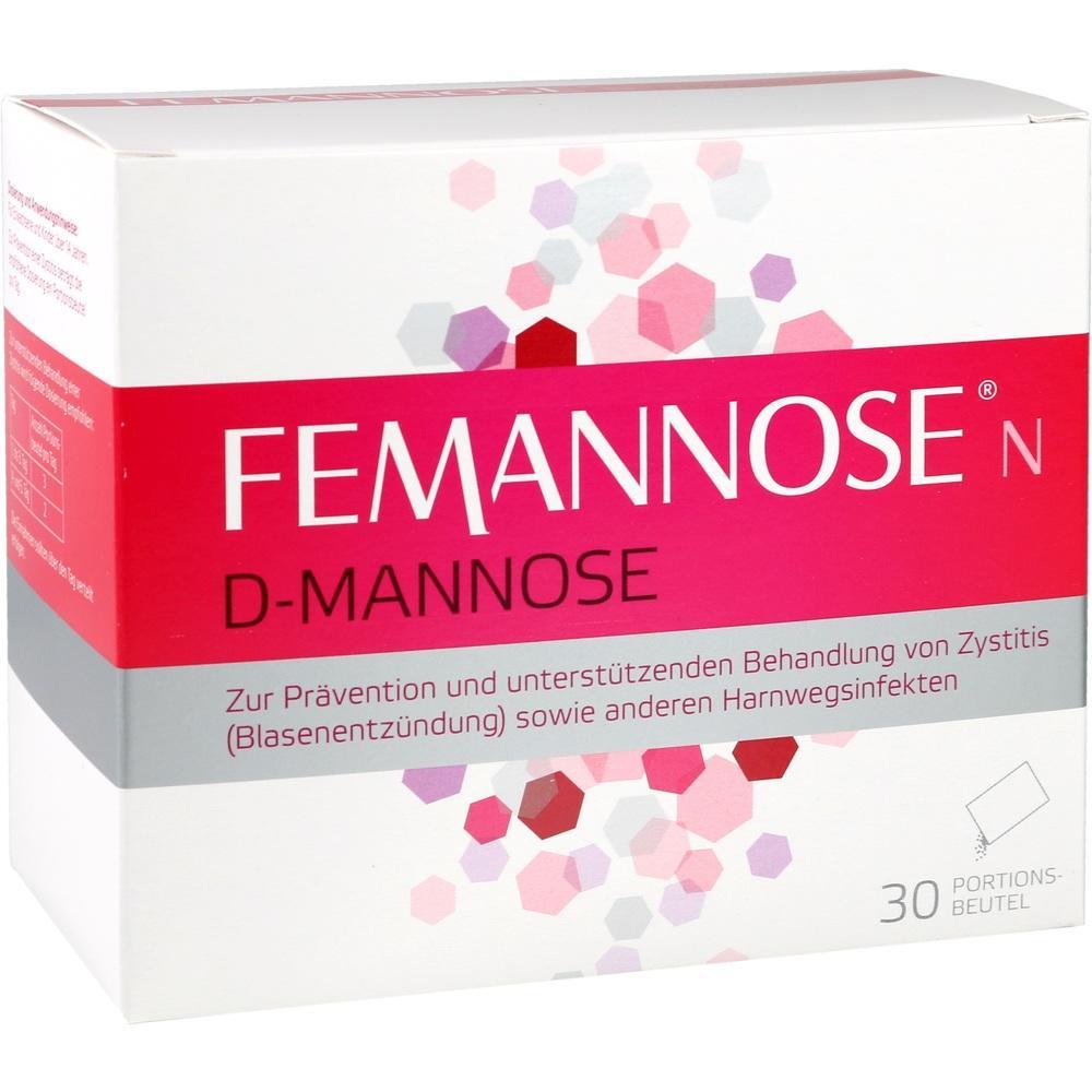 Wei&szlig;e Packung mit dem Text "Femannose N" und rosa grafischen Mustern.