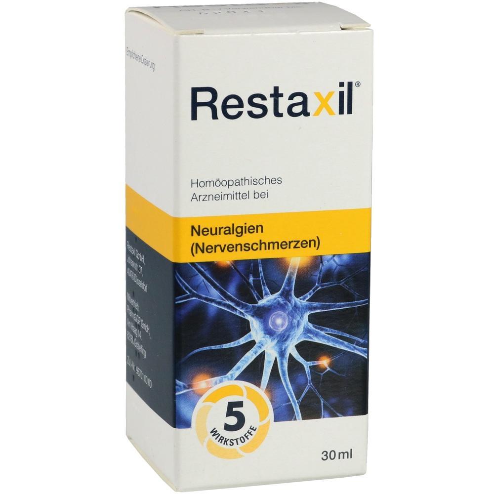 Weiße Packung mit Text "Restaxil" für Nervenschmerzen, 30 ml homöopathisches Arzneimittel.
