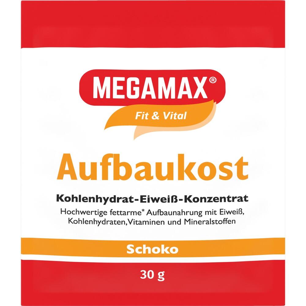 Wei&szlig;e Verpackung mit rotem und gelbem Text: Aufbaukost Schoko, 30g.