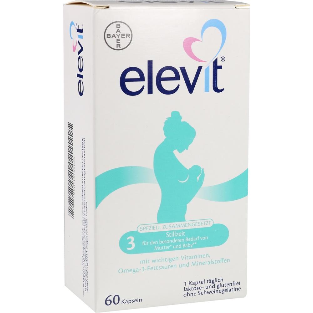 Verpackung von Elevit f&uuml;r stillende M&uuml;tter mit Vitaminen und Omega-3, 60 Kapseln.