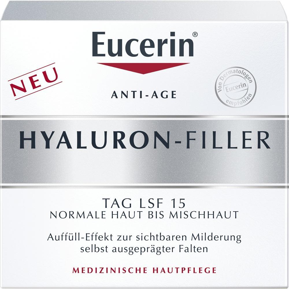 Auf dem Bild ist eine Eucerin Hyaluron-Filler Gesichtscreme-Packung zu sehen.