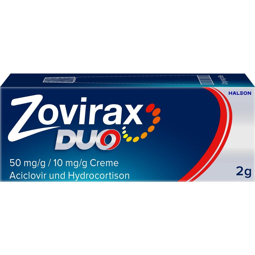 Eine blaue Zovirax Duo Creme-Packung mit rotem und gelbem Design.