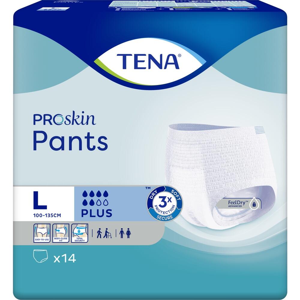 Verpackung von TENA ProSkin Pants in Gr&ouml;&szlig;e L, mit Schutz und Trockenheitsfunktionen.