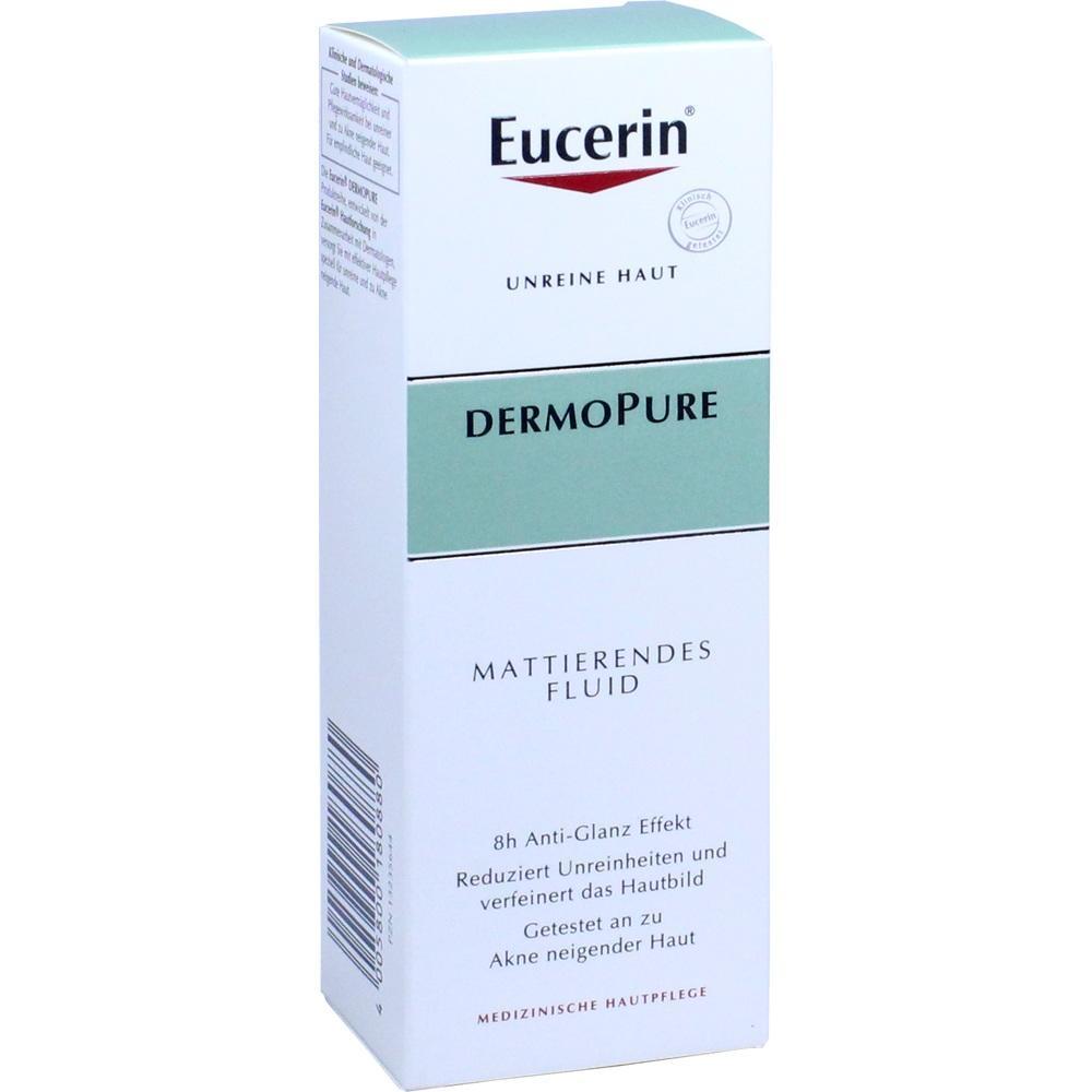 Wei&szlig;e Verpackung mit der Aufschrift "Eucerin DermoPure Mattierendes Fluid f&uuml;r unreine Haut".