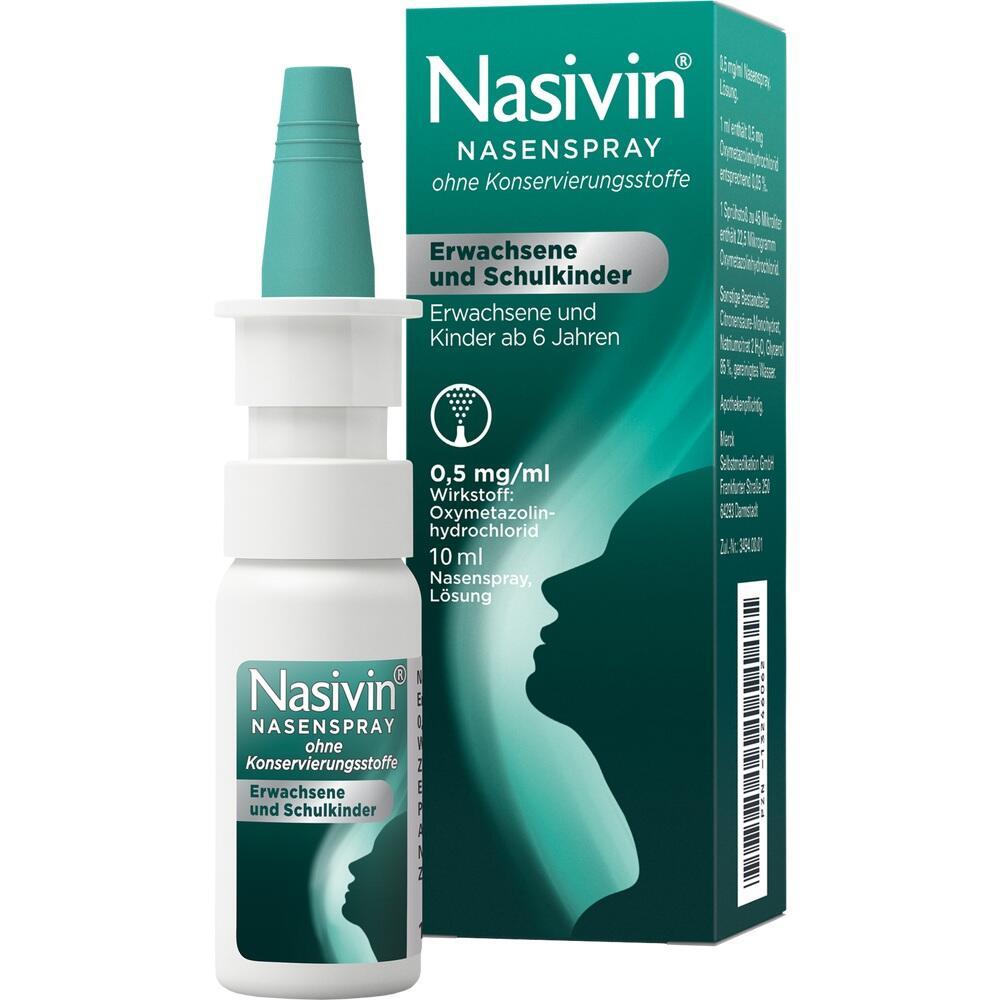 Eine Nasenspray-Flasche mit Verpackung für Erwachsene und Kinder ab 6 Jahren.