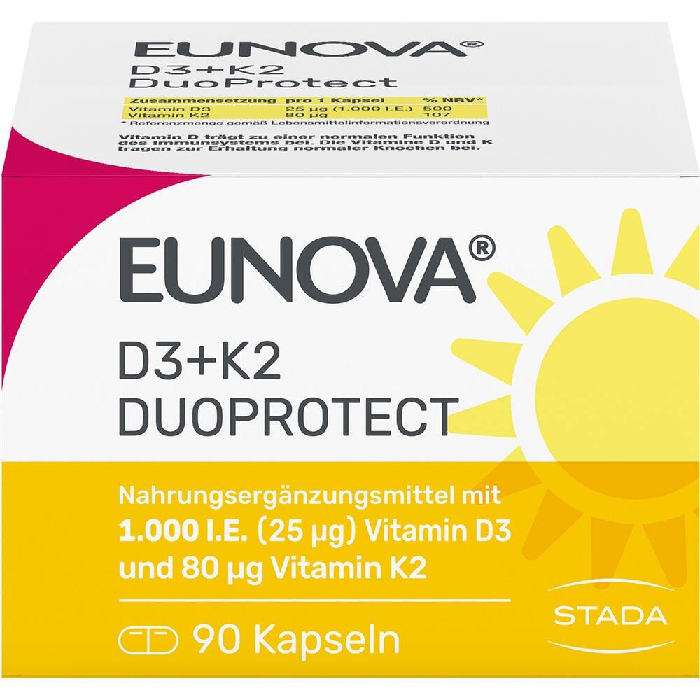 Verpackung von EUNOVA Vitamin D3 und K2 Nahrungserg&auml;nzungsmittel mit 90 Kapseln.