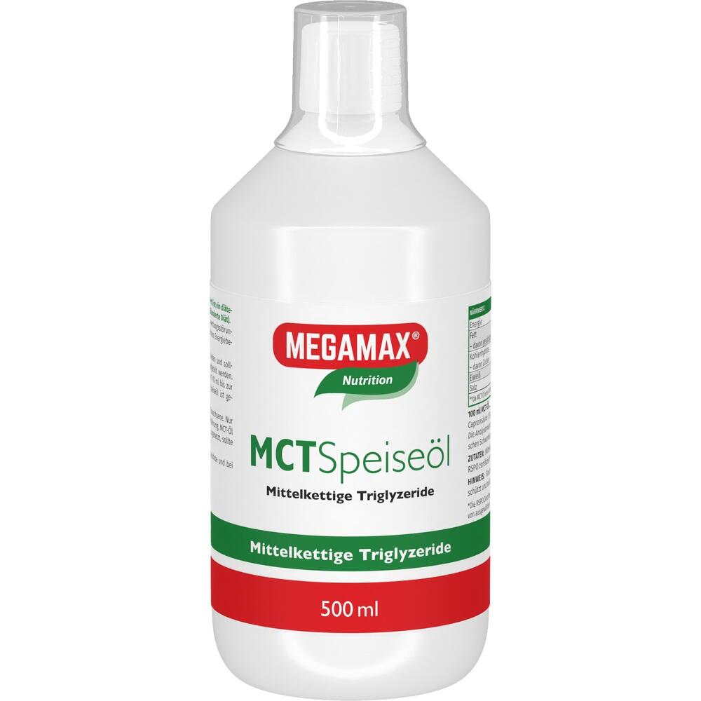Eine wei&szlig;e Flasche mit MCT-Speise&ouml;l, 500 ml, von Megamax.