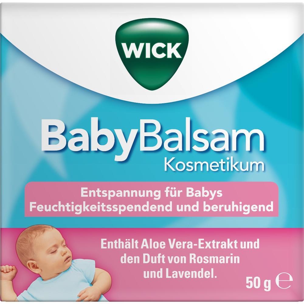 Die Verpackung zeigt Wick BabyBalsam, ein beruhigendes Kosmetikum f&uuml;r Babys.