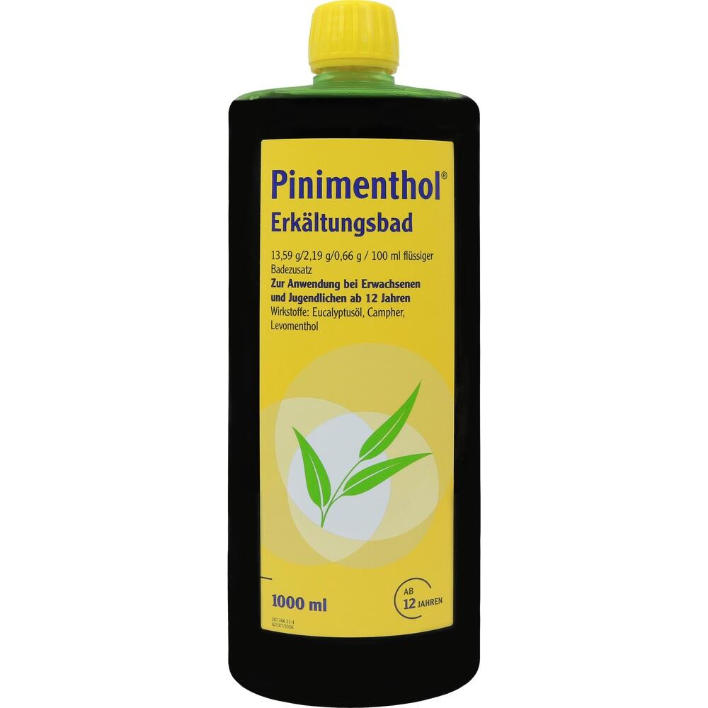 Schwarze Flasche mit gelbem Etikett und der Aufschrift "Pinimenthol Erk&auml;ltungsbad".
