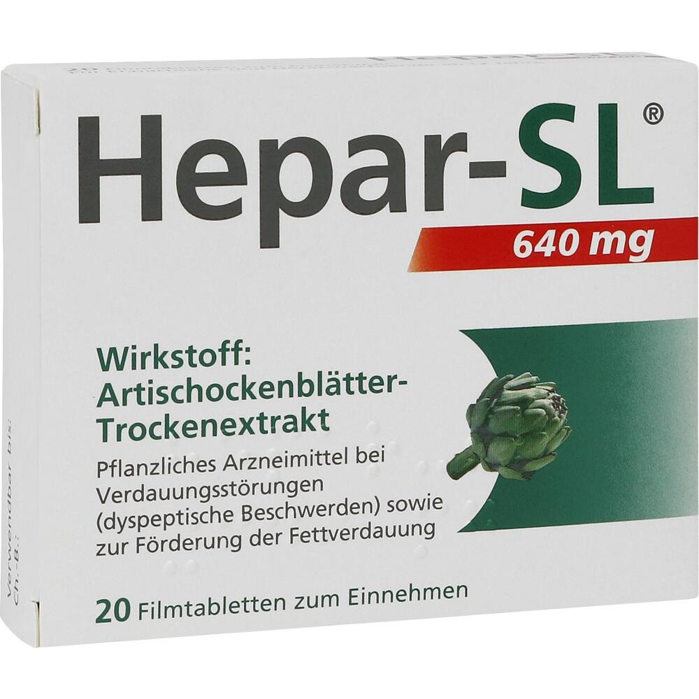 Verpackung von Hepar-SL Tabletten mit Artischockenextrakt zur Verdauungsf&ouml;rderung.