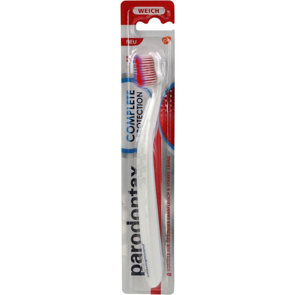 Eine verpackte Zahnb&uuml;rste mit roten Borsten und weichem Griff.