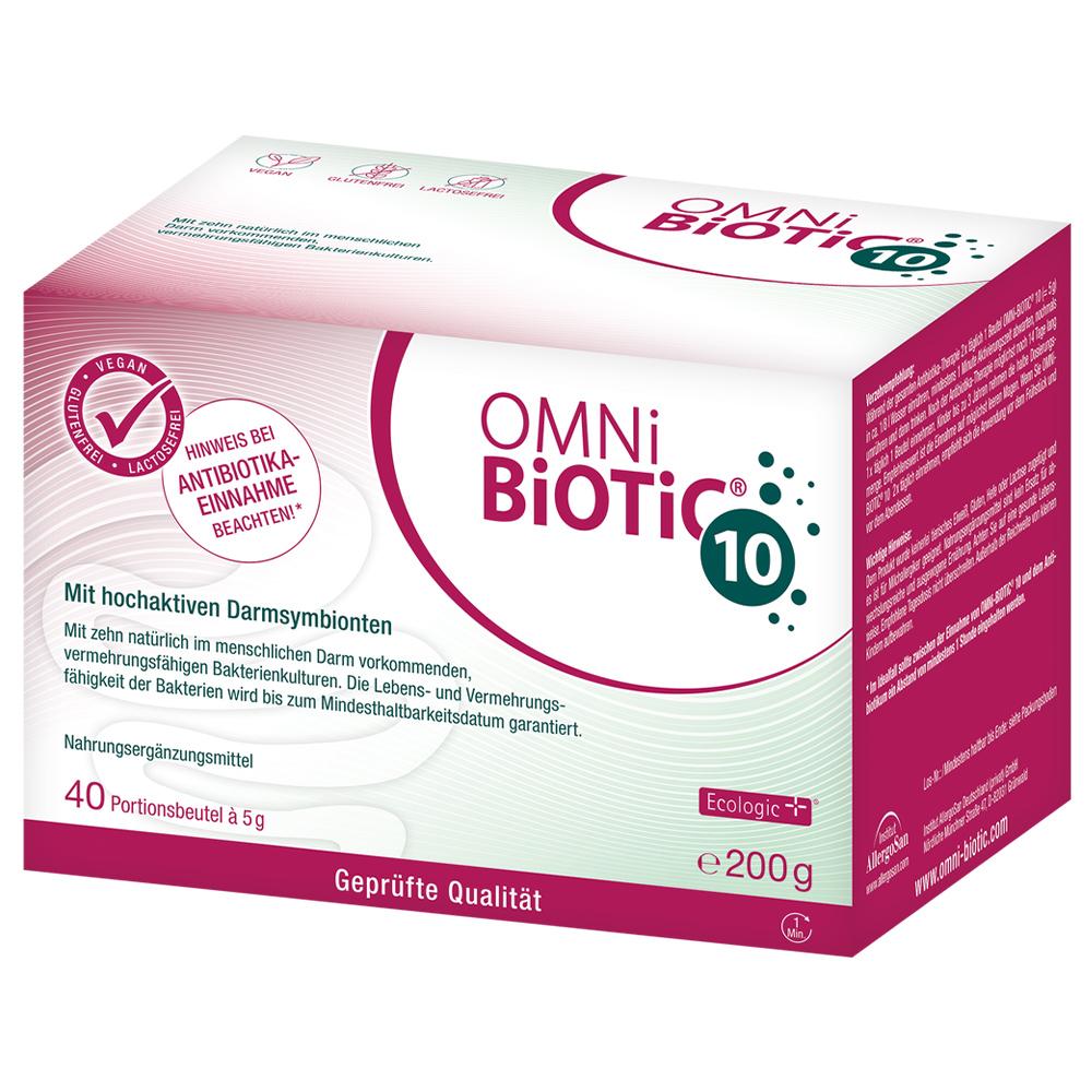 Eine Packung OMNi-BiOTiC 10 mit 40 Beuteln für die Darmgesundheit.