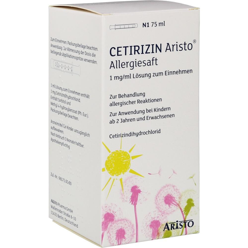 Verpackung von Cetirizin Allergiesaft mit Blumen und Sonne abgebildet.