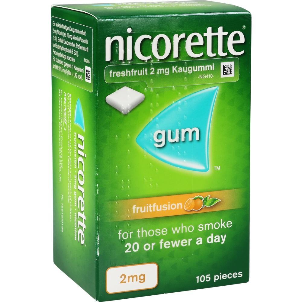 Gr&uuml;ne Verpackung von Nicorette-Kaugummi, 2 mg, Fruchtgeschmack, 105 St&uuml;ck.