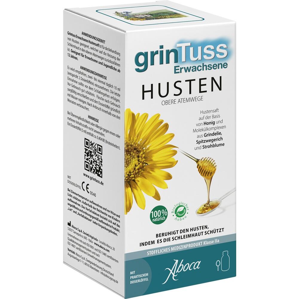 Verpackung eines Hustensafts mit gelber Blume und Honigl&ouml;ffel auf der Vorderseite.