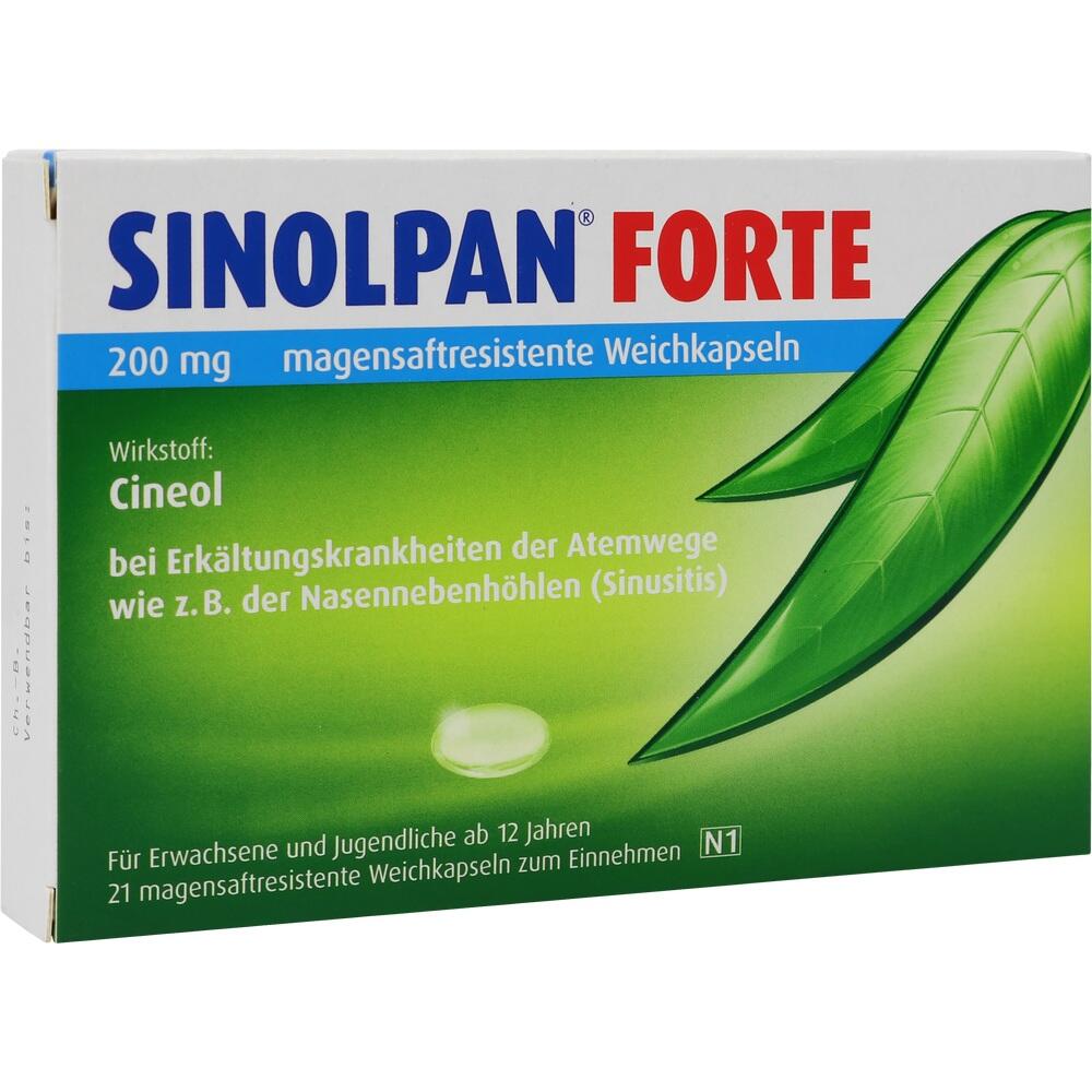 Verpackung von Sinolpan Forte Kapseln mit Informationen zum Wirkstoff Cineol.