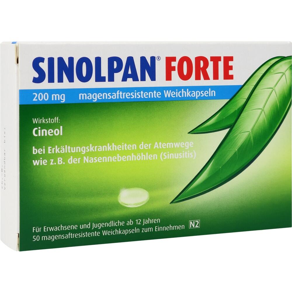 Gr&uuml;ne Verpackung von Sinolpan Forte Kapseln gegen Atemwegserkrankungen.