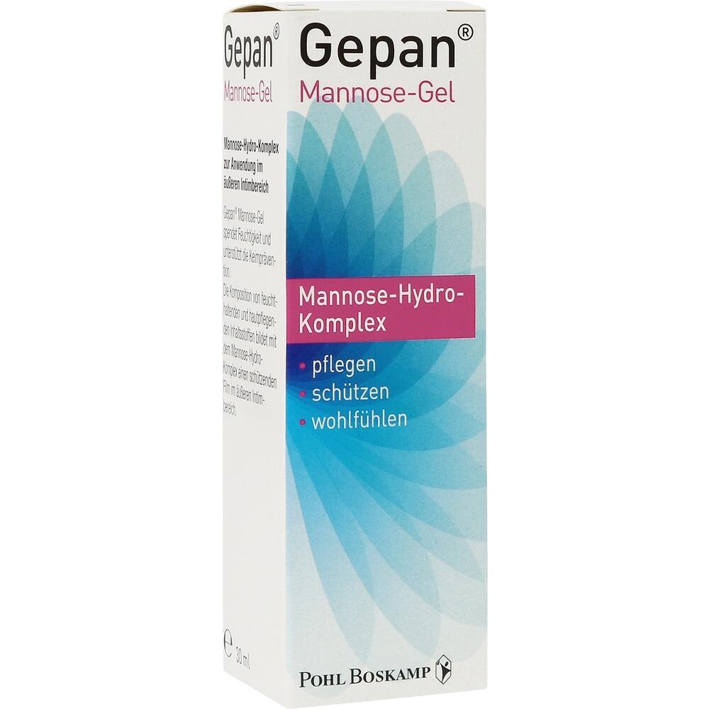 Weiße Verpackung mit blauem Muster und der Aufschrift "Gepan Mannose-Gel".