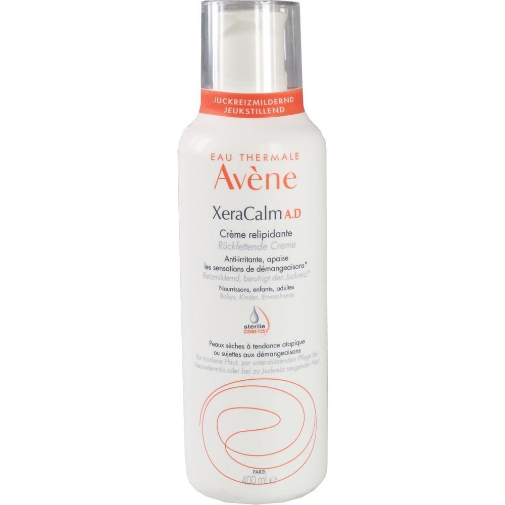 Wei&szlig;e Flasche mit Avene XeraCalm A.D Creme gegen Juckreiz.