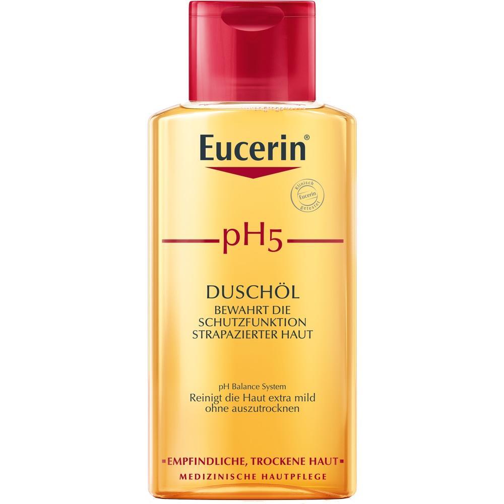 Eine gelbe Flasche Eucerin pH5 Dusch&ouml;l f&uuml;r empfindliche, trockene Haut.