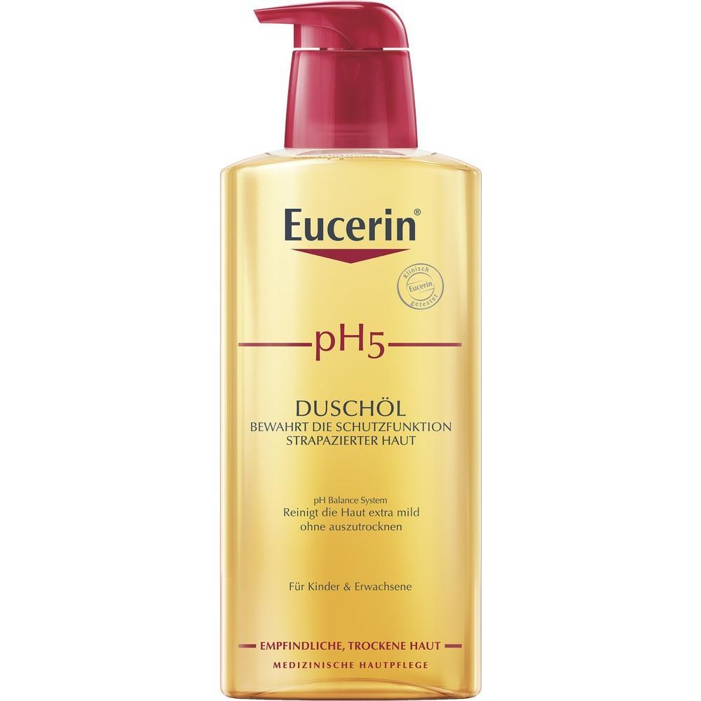 Flasche mit rotem Spender f&uuml;r Eucerin pH5 Dusch&ouml;l f&uuml;r empfindliche Haut.