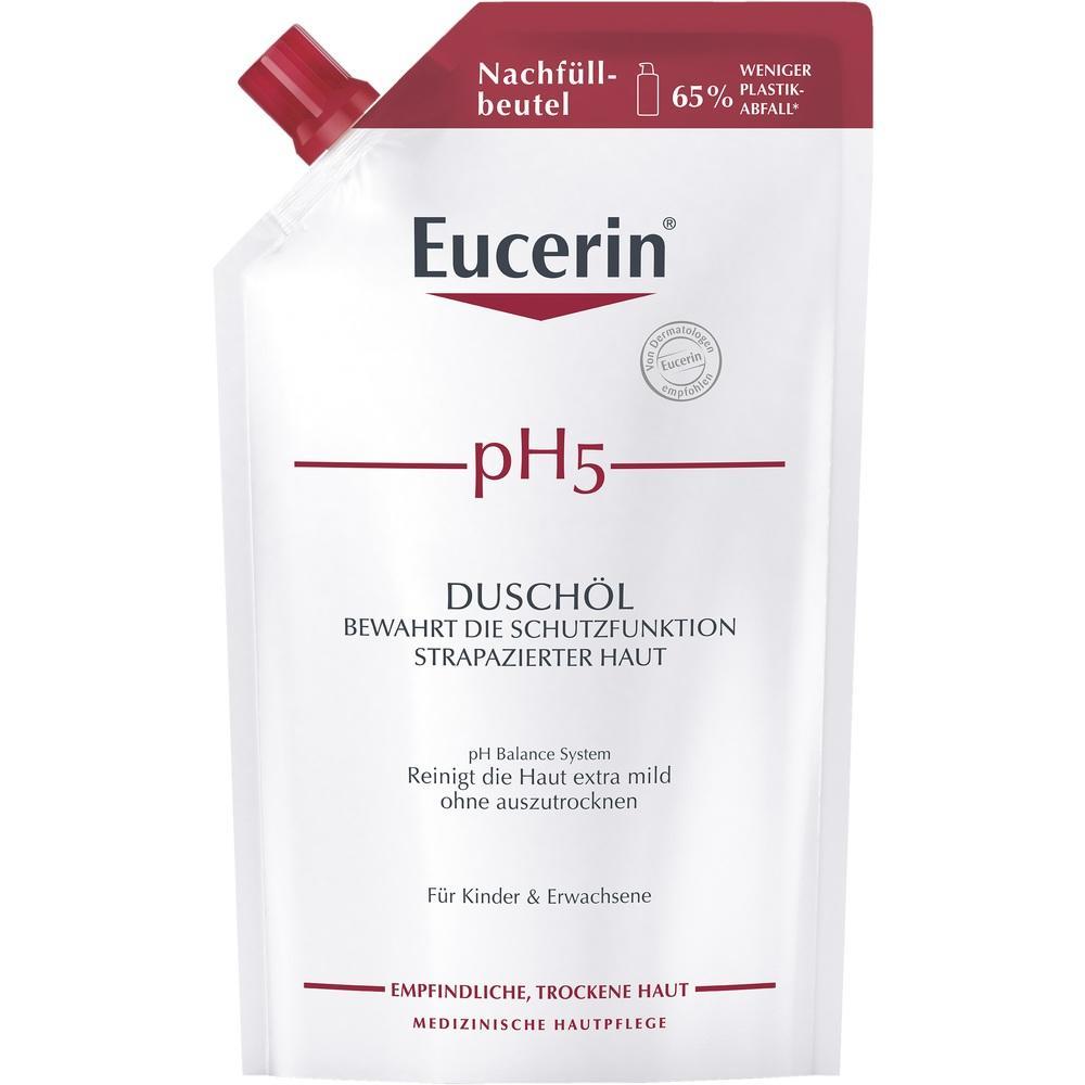 Eine wei&szlig;e Nachf&uuml;llbeutel-Verpackung f&uuml;r Eucerin pH5 Dusch&ouml;l f&uuml;r empfindliche Haut.