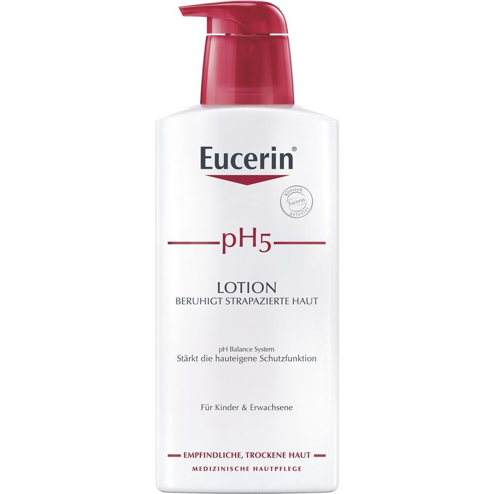 Eine wei&szlig;e Flasche Eucerin pH5 Lotion mit rotem Pumpspender.