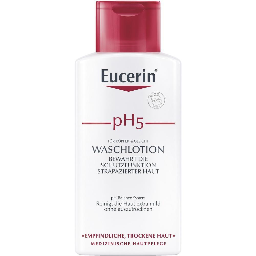 Eine Flasche Eucerin pH5 Waschlotion f&uuml;r empfindliche, trockene Haut.