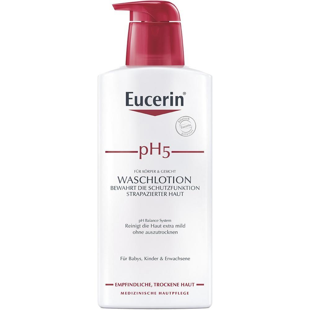 Eine Flasche Eucerin pH5 Waschlotion mit rotem Pumpspender.