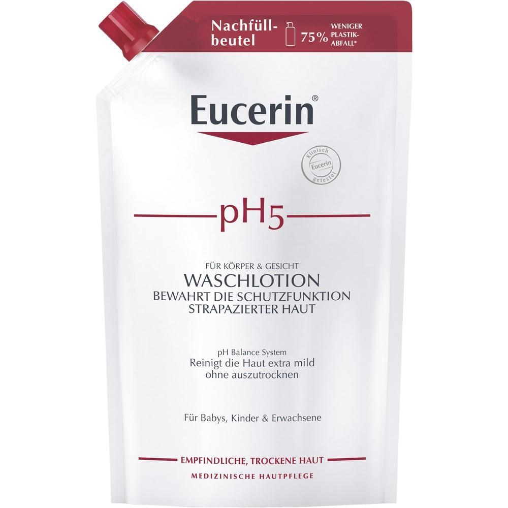 Beutel mit Eucerin pH5 Waschlotion f&uuml;r empfindliche Haut und weniger Plastikverbrauch.