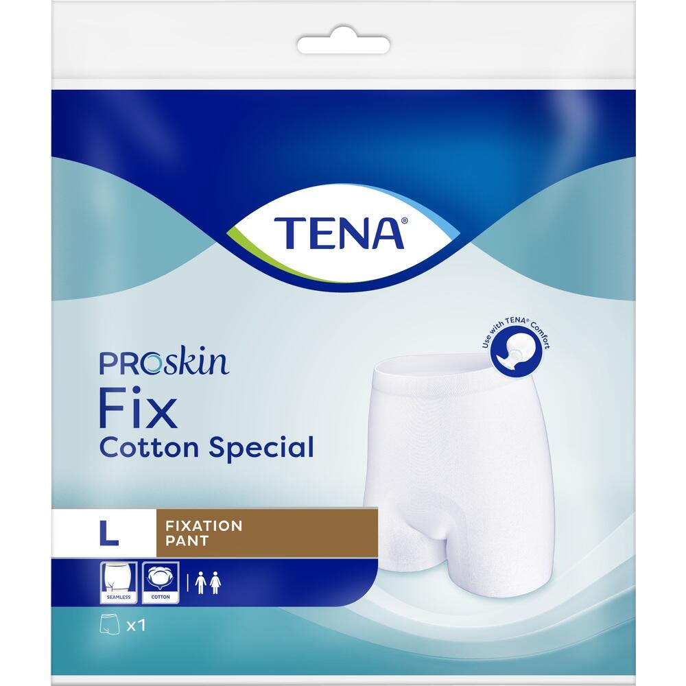 Verpackung von TENA Proskin Fix Baumwoll-Spezial, Gr&ouml;&szlig;e L, mit einem wei&szlig;en H&ouml;schen darauf.