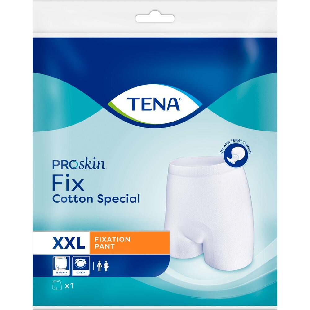 TENA ProSkin Fixation Pant XXL, Baumwolle, auf der Verpackung abgebildet.