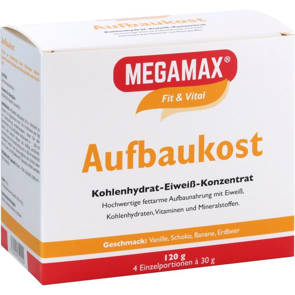 Wei&szlig;e Packung von Megamax mit der Aufschrift "Aufbaukost", 120 g, 4 Portionen.