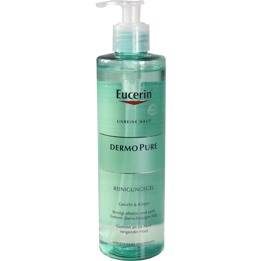 Eine gr&uuml;ne Flasche Eucerin DermoPure Reinigungsgel mit Pumpspender.