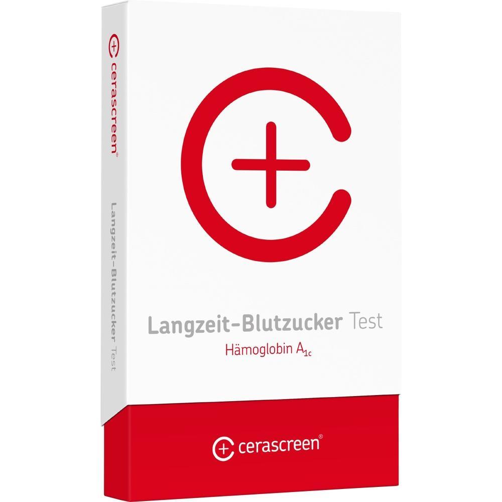 Verpackung eines Langzeit-Blutzucker-Tests mit rotem Symbol auf wei&szlig;em Hintergrund.