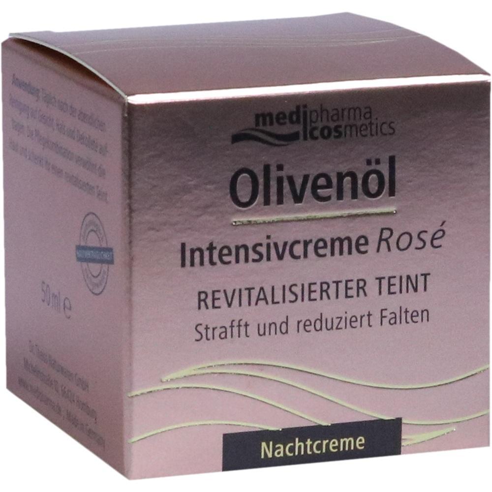 Rosafarbene Verpackung einer Oliven&ouml;l-Nachtcreme zur Straffung und Minderung von Falten.