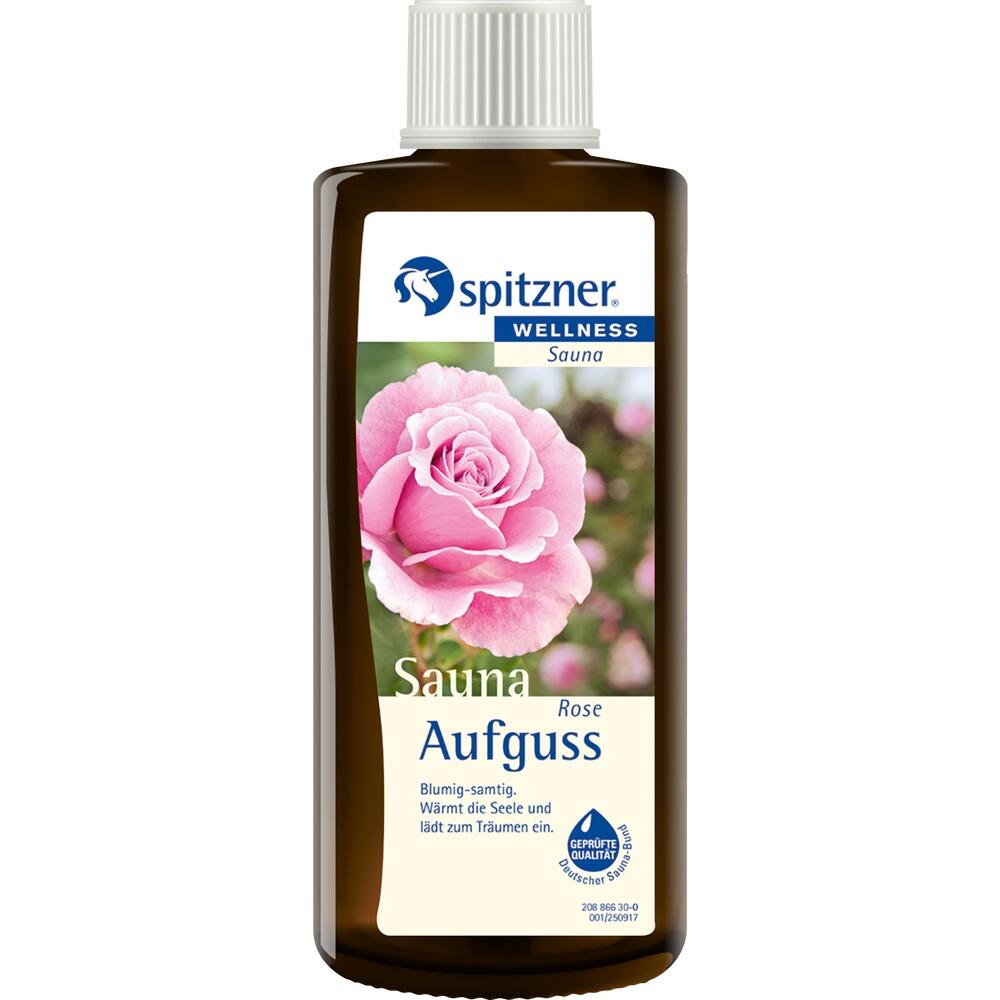 Braune Flasche mit Etikett f&uuml;r Sauna-Aufguss, zeigt eine rosa Rose.