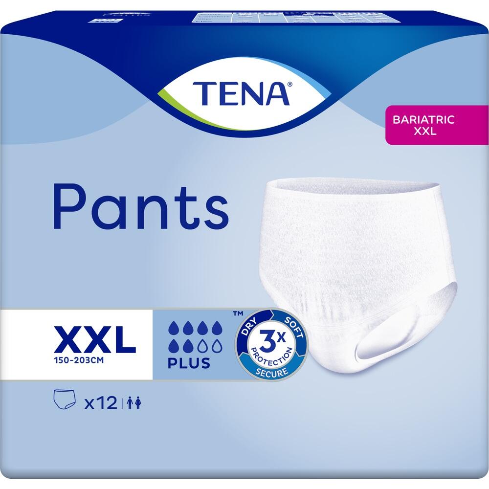 Verpackung von XXL TENA Pants f&uuml;r Inkontinenz mit wei&szlig;er Abbildung und blauer Schrift.