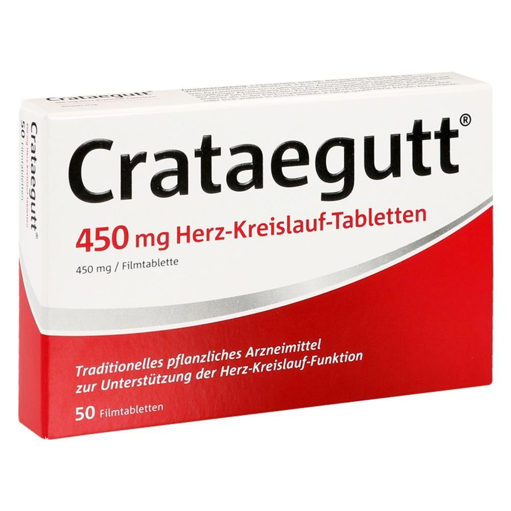 Eine Packung Crataegutt-Tabletten mit 450 mg zur Unterst&uuml;tzung des Herz-Kreislauf-Systems.