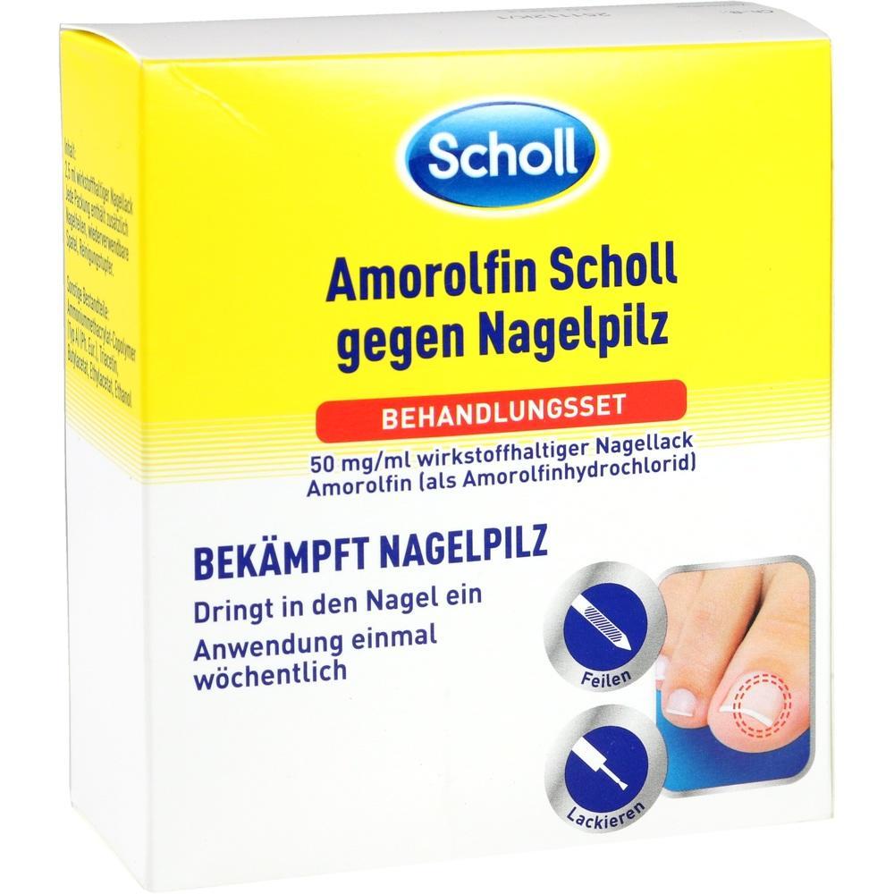 Gelbe Packung von Scholl gegen Nagelpilz mit Nagellack und Anweisungen.