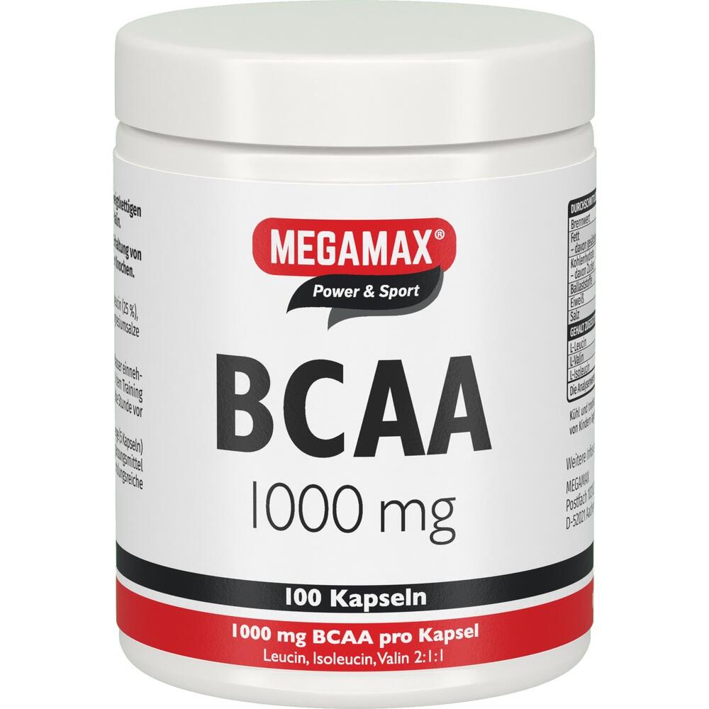 Dose mit BCAA-Kapseln, 1000 mg pro Kapsel, Marke MEGAMAX.