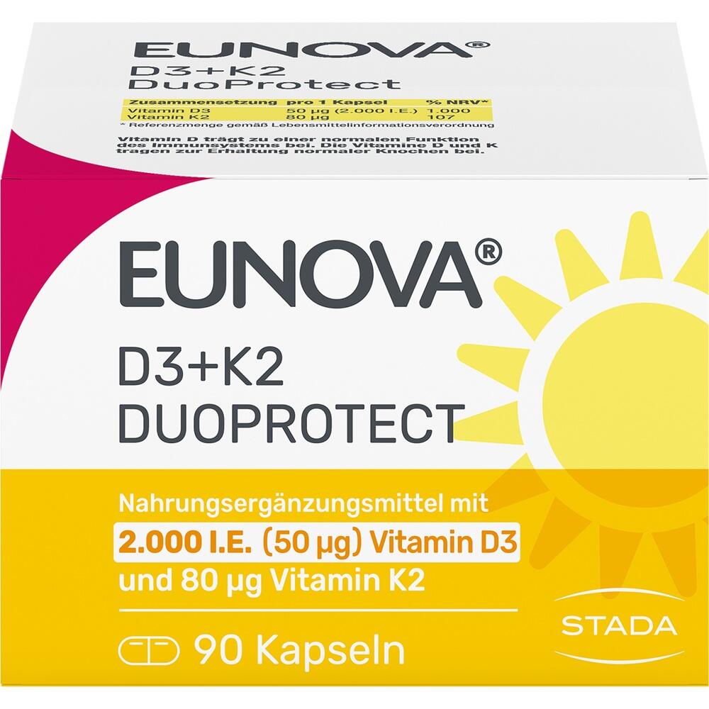 Verpackung mit 90 Kapseln Vitamin D3 und K2 von EUNOVA, mit Sonnenmotiv.